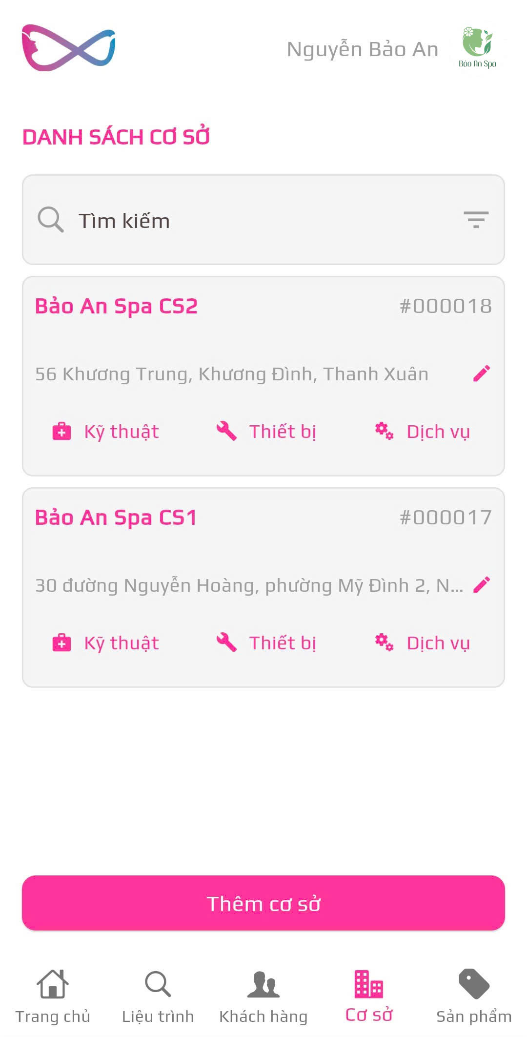 Màn hình Quản lý cơ sở